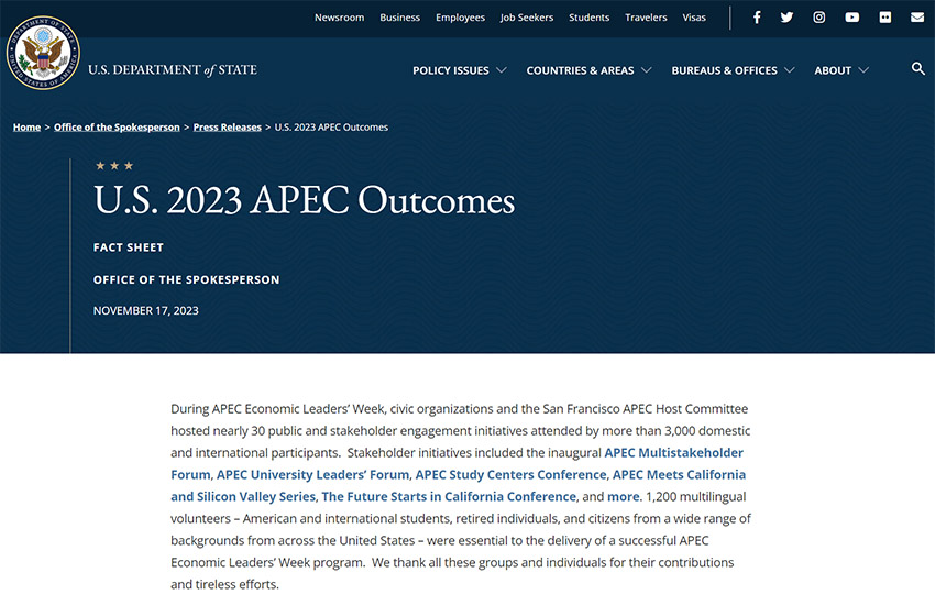 菲彩国际集团_美国国务院宣布2023 APEC效果报告，，，湾区委员会相关运动列为主要效果